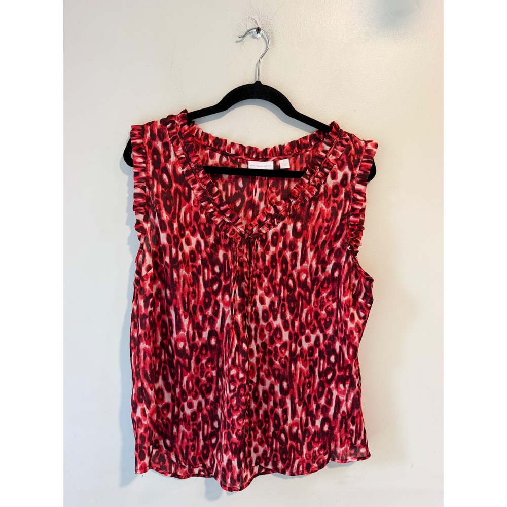 New York & Company Red Leopard Print Ruffle V-Neck Sleeveless Blouse XL